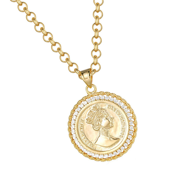 Queen Elizabeth II White Diamond Pendant Belcher Chain (Gold Filled)